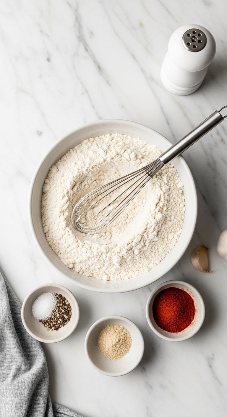 A Large Bowl Of Seasoned Flour With A Wire Whisk Resting Inside On A Clean Marble Countertop.