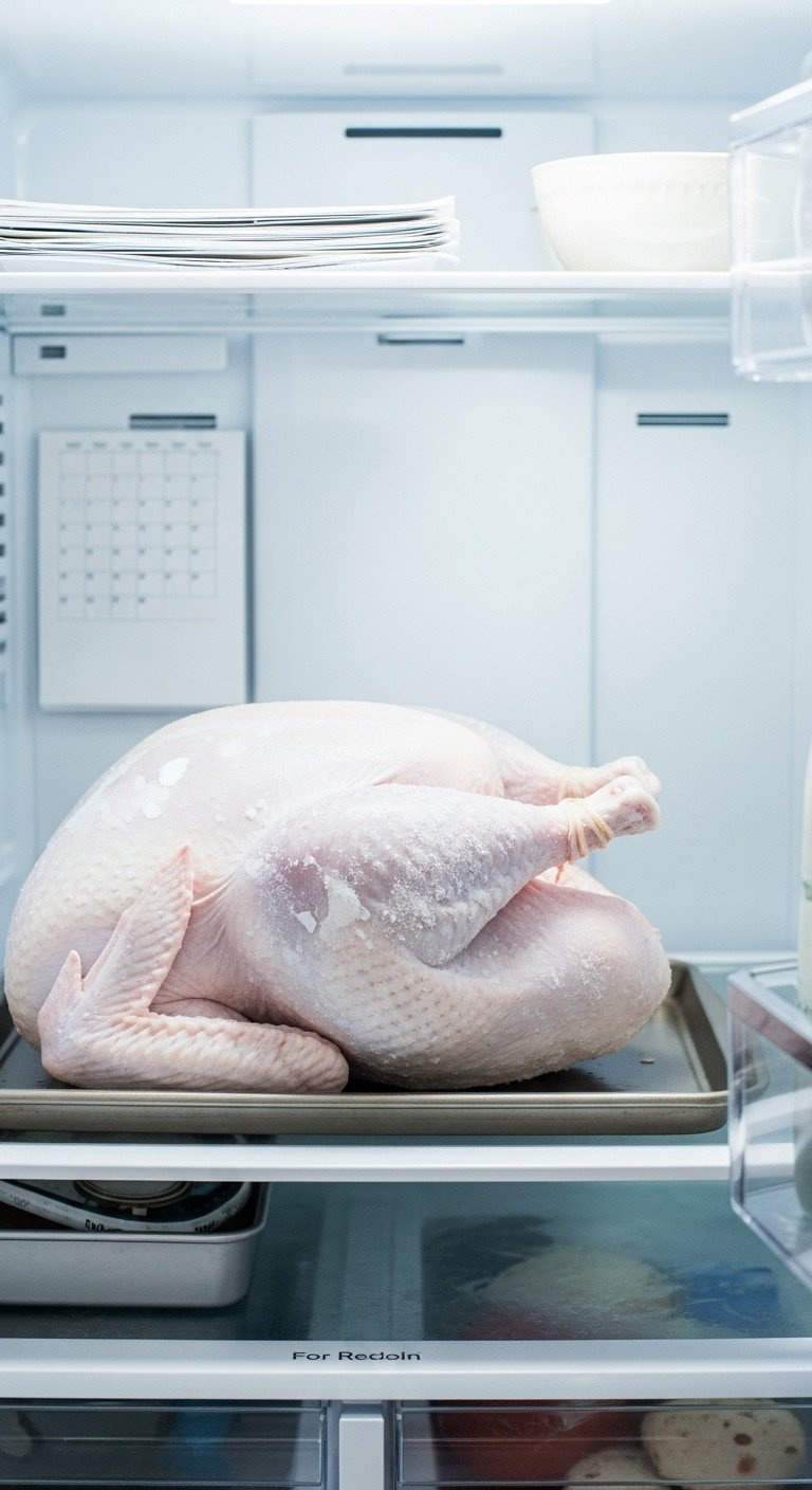 A Large Frozen Whole Turkey Is Placed On A Baking Sheet On The Bottom Shelf Of A Refrigerator To Thaw Safely For A Recipe.