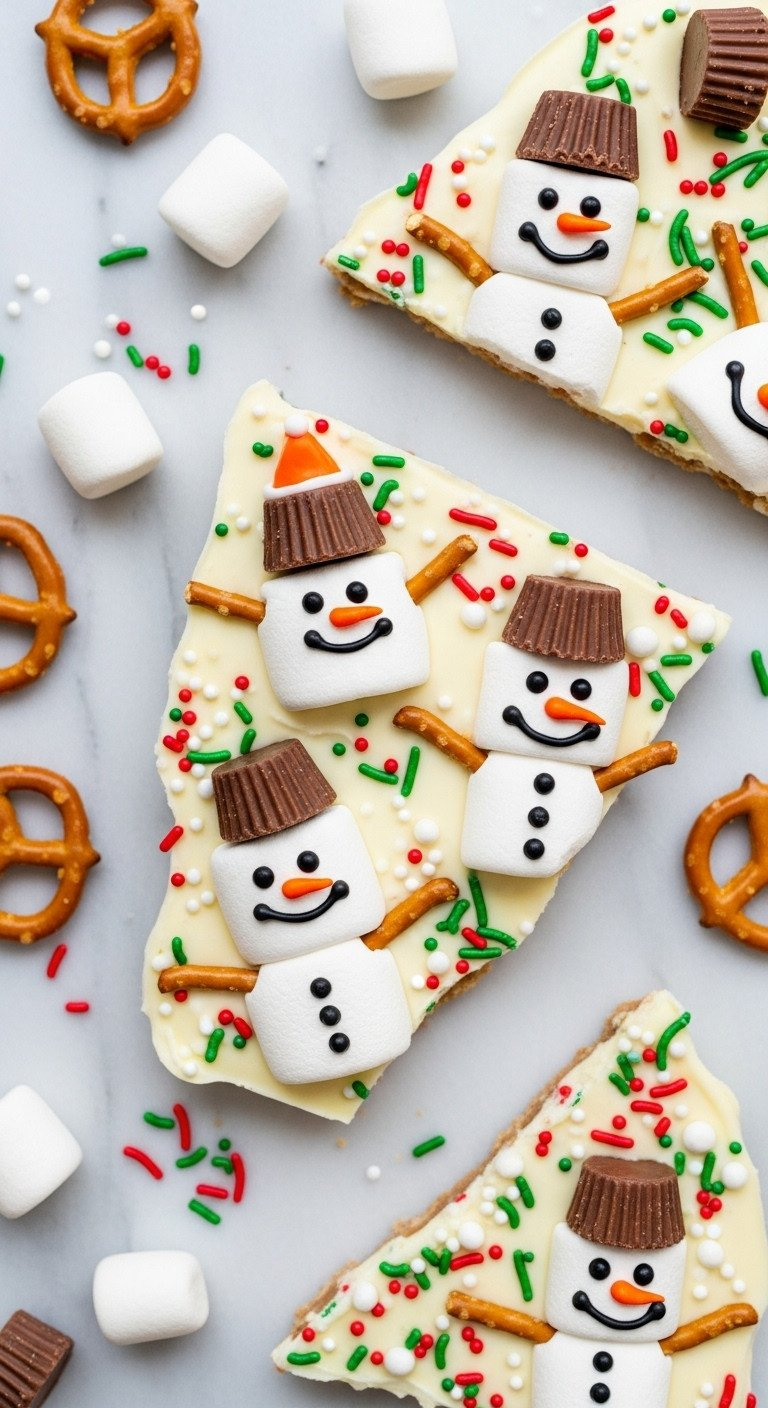 A Large Piece Of White Chocolate Melted Snowman Bark Decorated With Marshmallow Heads And Peanut Butter Cup Hats On Marble.
