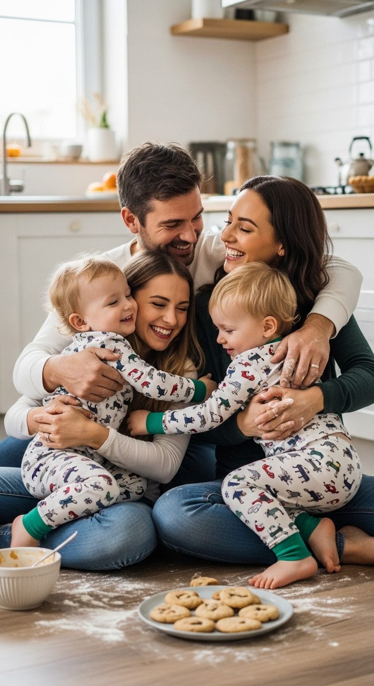 A Laughing Family In Matching Pajamas Shares A Group Hug On The Kitchen Floor After A Messy, Fun Christmas Baking Day.