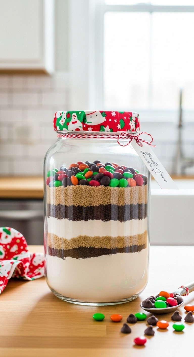 A Layered Cookie Mix In A Jar With Flour, Sugar, And Chocolate Chips, Decorated As A Diy Homemade Holiday Gift.