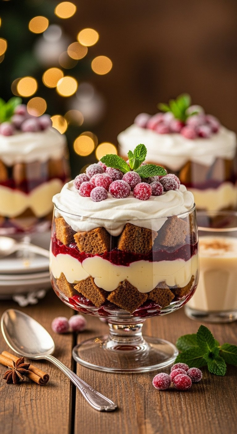 A Layered Holiday Trifle In A Large Glass Bowl With Gingerbread, Cream, And Cranberry Sauce, Topped With Sugared Cranberries.