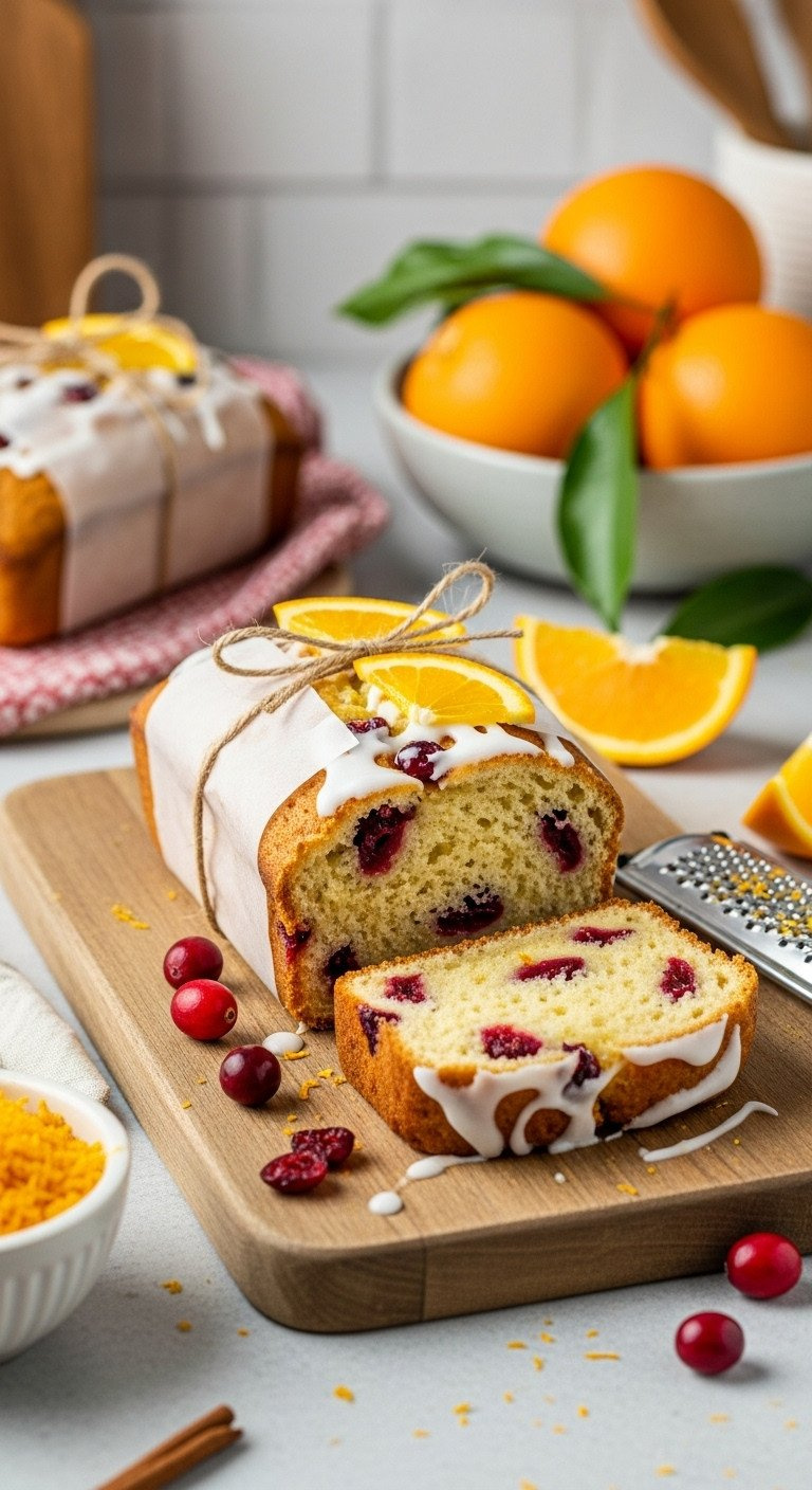 A Mini Loaf Of Cranberry Orange Bread With White Glaze, Wrapped In Parchment And Twine, On A Rustic Cutting Board.