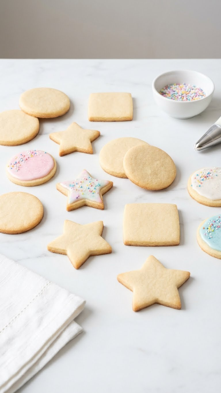 A Minimalist Flat Lay Of Freshly Baked, Decorated No-Chill Sugar Cookies With Pastel Icing And Colorful Sprinkles On A Marble Countertop.