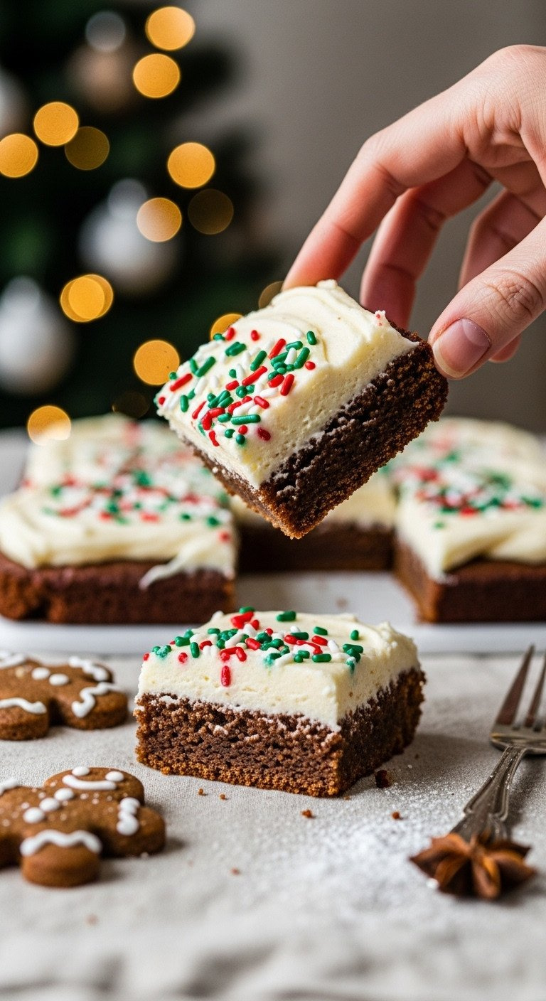 A Moist Gingerbread Bar With Thick Cream Cheese Frosting And Festive Sprinkles Next To A Blurred Christmas Tree.