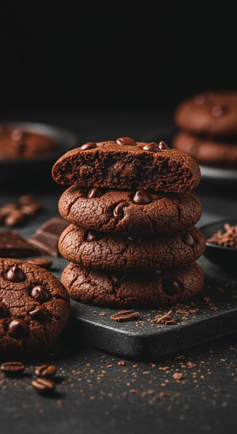 A Moody, Eye-Level Shot Of A Stack Of Espresso Chocolate Chip Sablé Cookies With A Sandy, Crumbly Texture.
