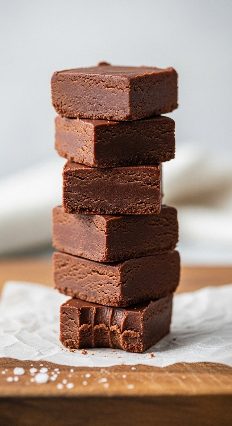 A Neat Stack Of Homemade Chocolate Fudge Squares With Sea Salt Flakes On Parchment Paper Over A Rustic Wooden Board.