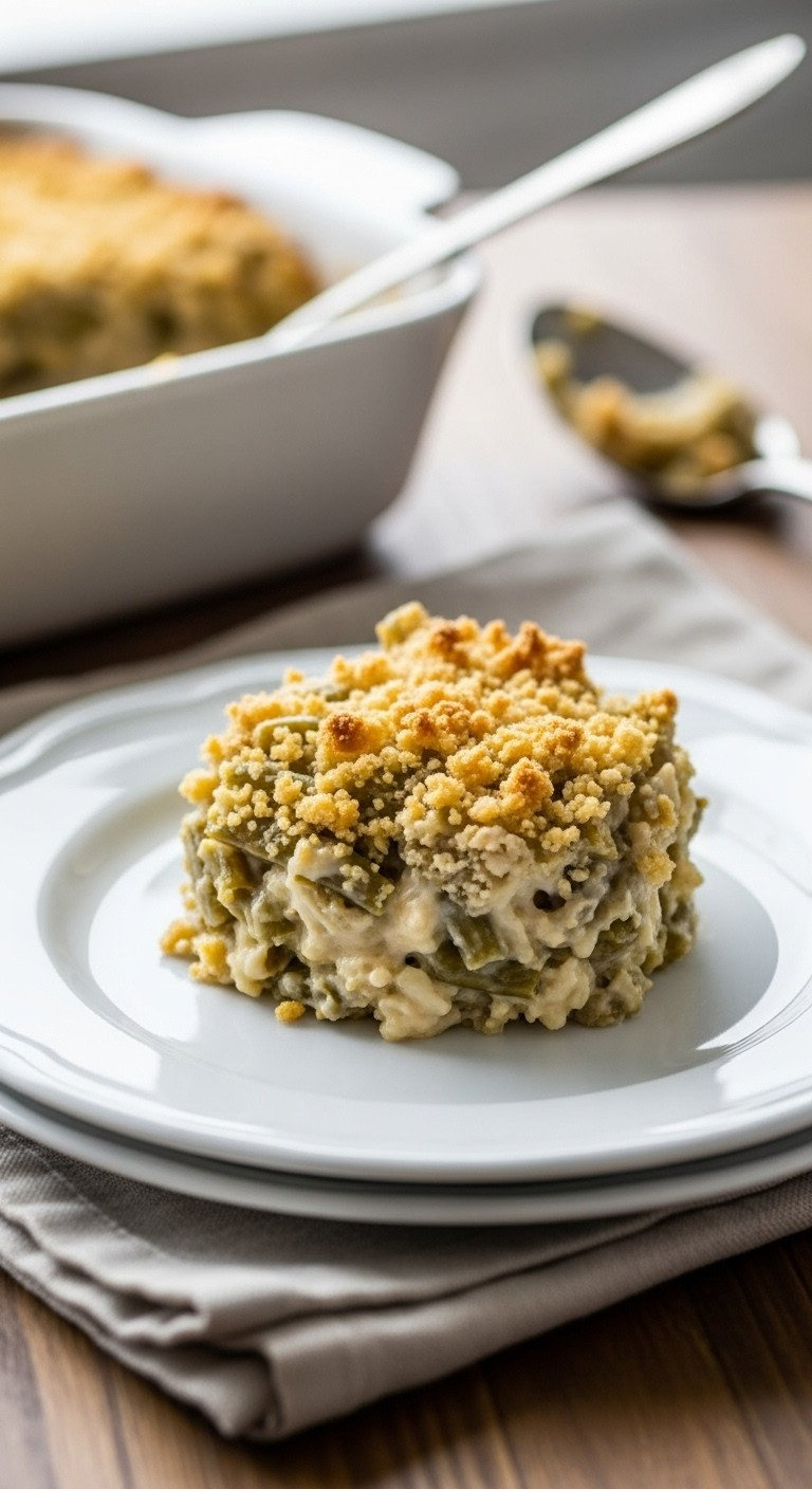 A Perfect Serving Of Creamy, Crunchy Green Bean Casserole On An Elegant White Ceramic Plate For A Holiday Meal.