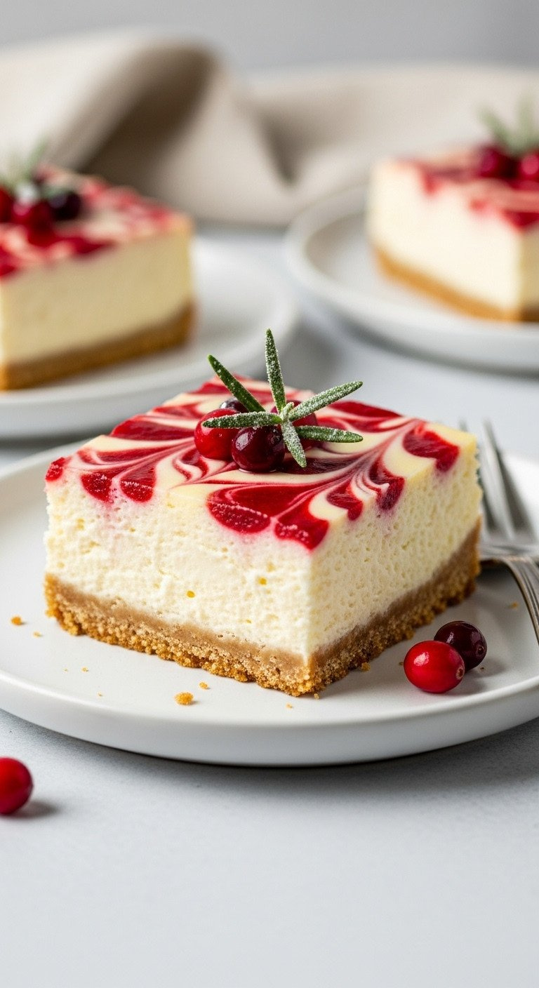 A Perfect Square Cranberry Swirl Cheesecake Bar With An Almond Flour Crust, Sitting On A Minimalist White Ceramic Plate.