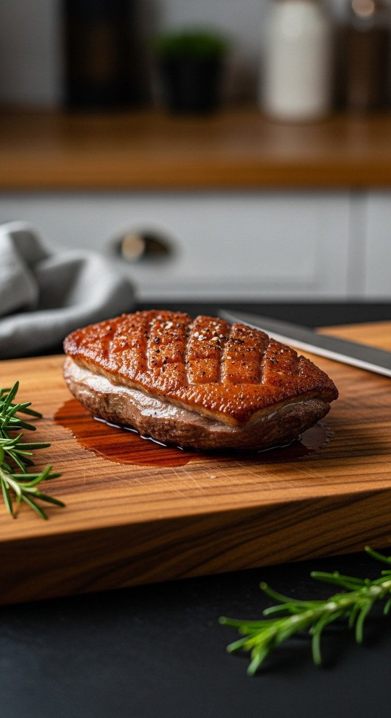 A Perfectly Cooked Duck Breast With Crispy Golden Skin Resting On A Wood Cutting Board Next To A Chef's Knife And Rosemary.