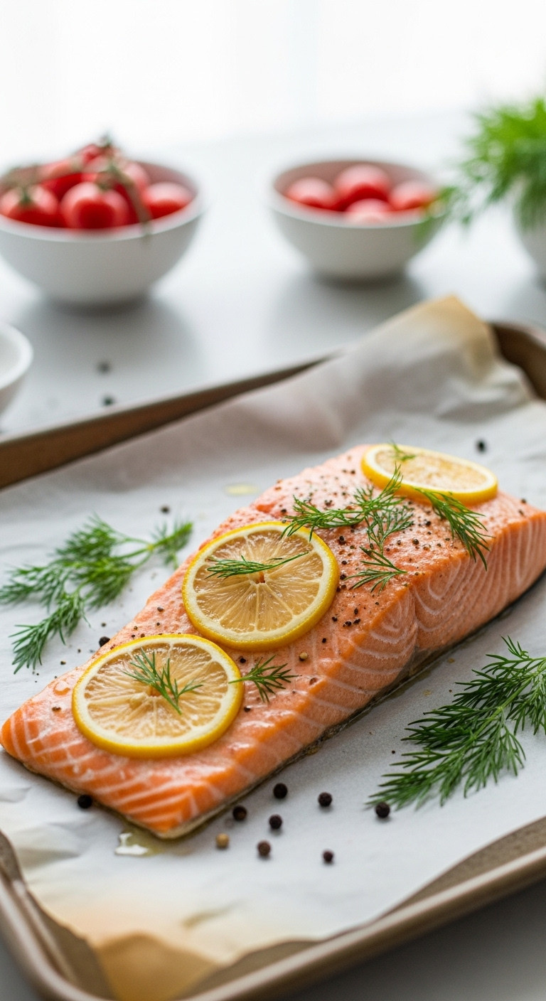 A Perfectly Oven-Baked Salmon Fillet With Lemon And Dill Rests On Parchment Paper, A Healthy And Easy Recipe Idea.