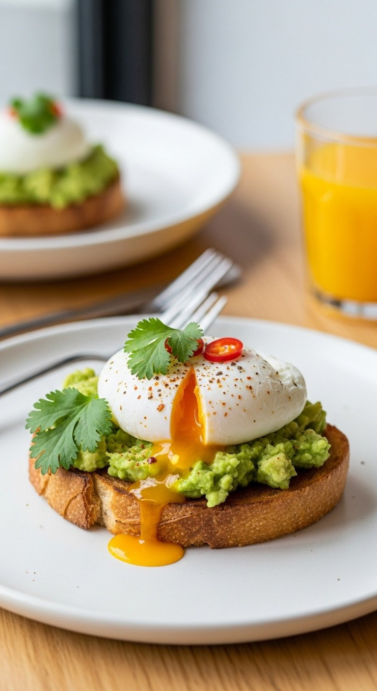 A Perfectly Poached Egg On Avocado Toast, Garnished With Chili Flakes And Cilantro On A White Plate For A Healthy Brunch.
