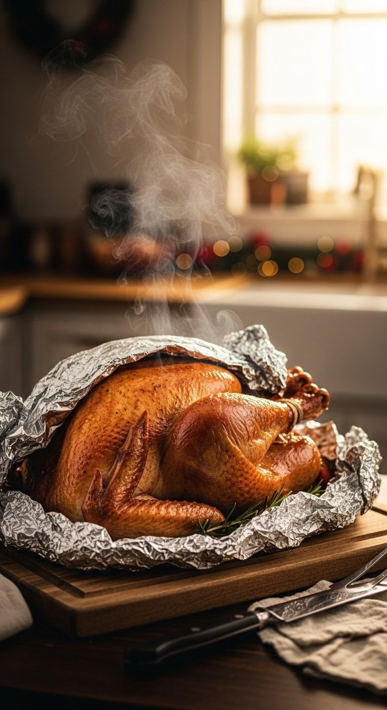 A Perfectly Roasted Golden-Brown Turkey Rests On A Wooden Carving Board, Tented With Foil To Lock In The Juices Before Carving.