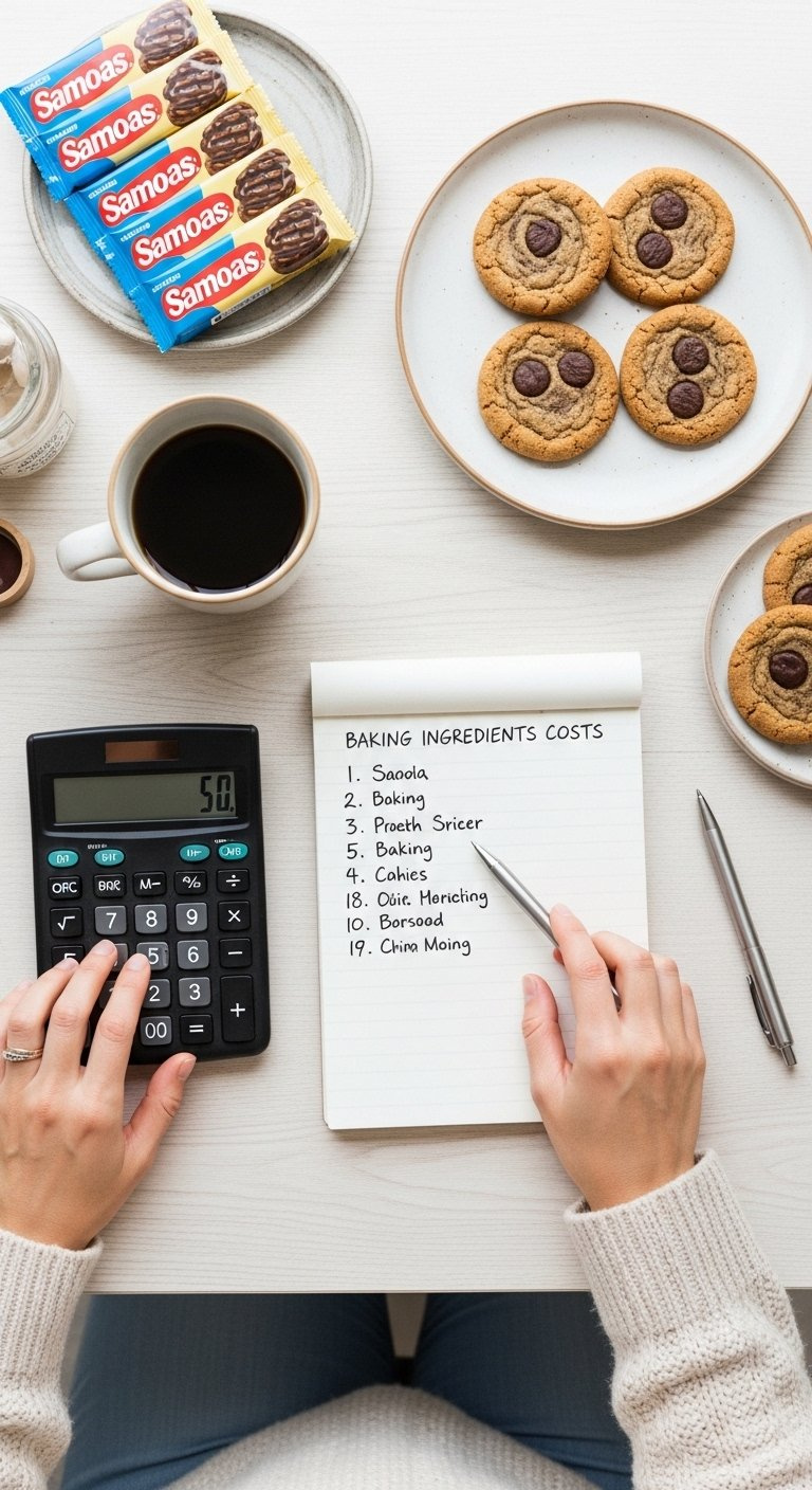 A Person Calculates Baking Ingredient Costs On A Notepad With A Calculator And Homemade Samoas Cookies On A Neat Wooden Desk.