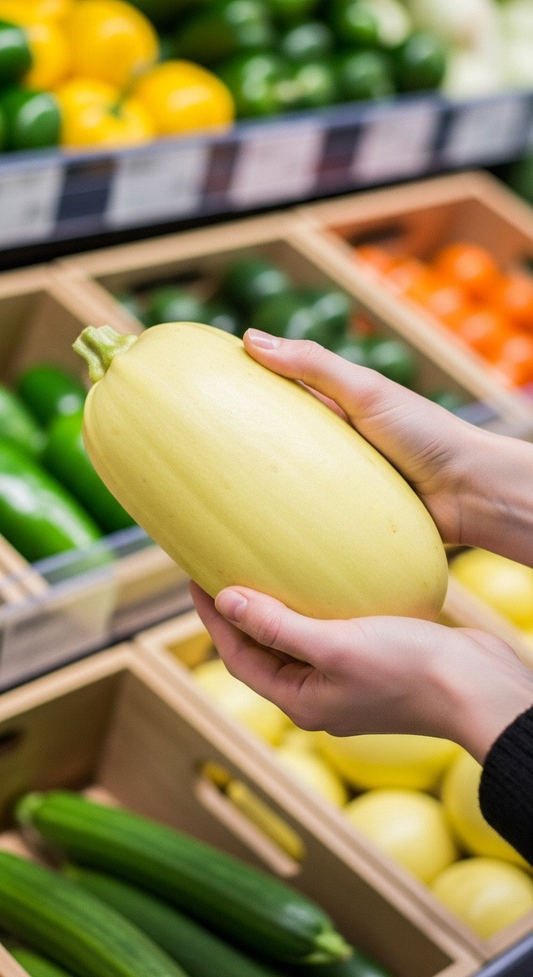 A Person's Hands Gently Hold A Perfect, Ripe Spaghetti Squash In A Bright Grocery Store Produce Aisle.