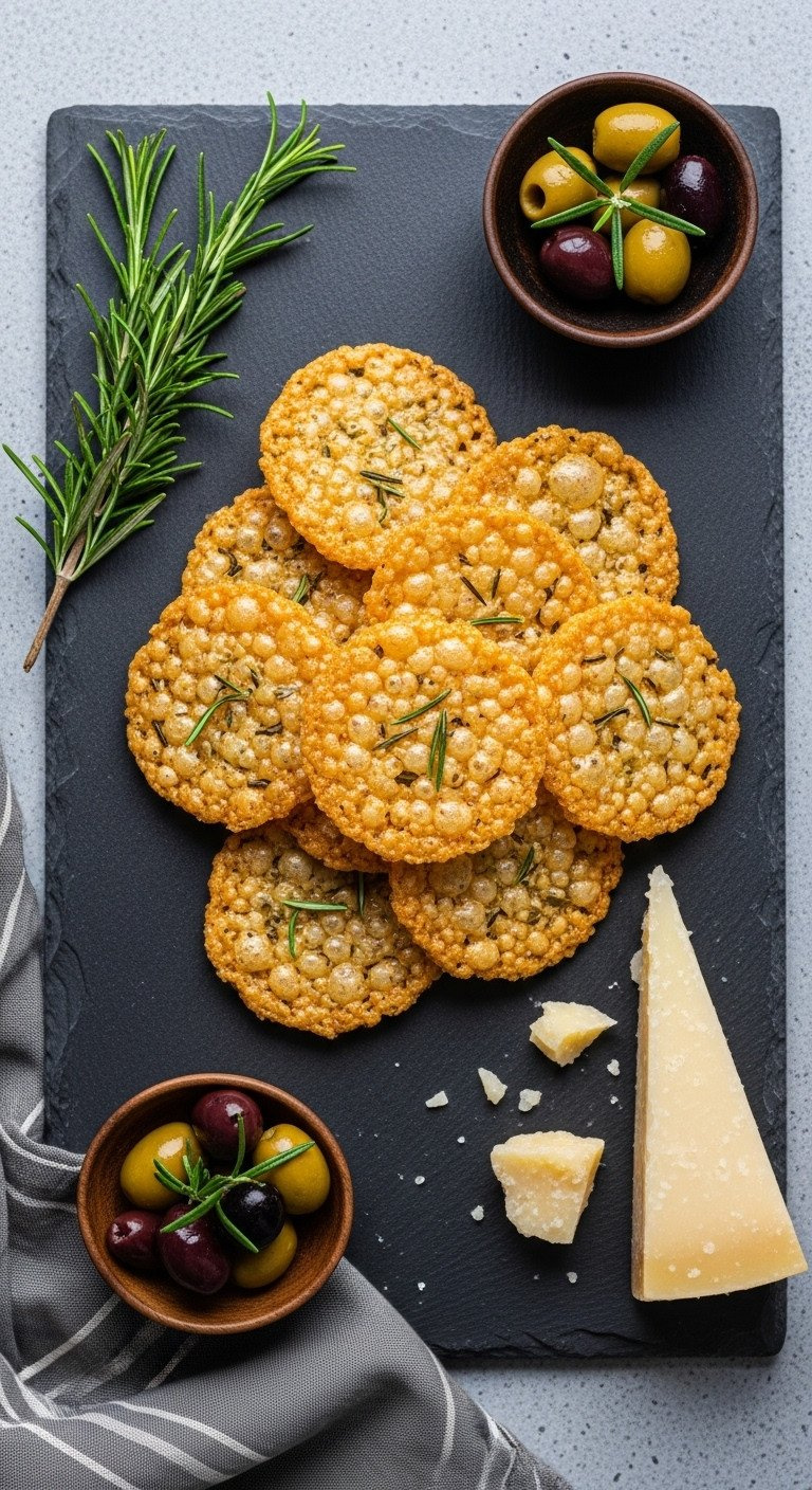 A Pile Of Lacy, Golden-Brown Rosemary Parmesan Crisps On A Dark Slate Cheese Board With A Sprig Of Fresh Rosemary.