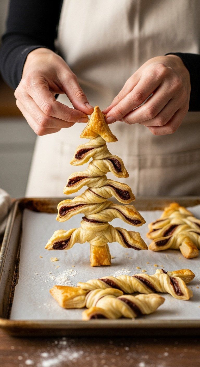 A Pizza Cutter Slices Through Layers Of Nutella-Filled Puff Pastry On A Slate Surface To Shape A Christmas Tree Pastry.