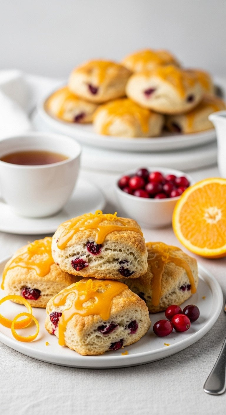 A Plate Of Freshly Baked Cranberry Orange Scones Drizzled With Orange Glaze, With Fresh Cranberries And A Cup Of Tea Nearby.