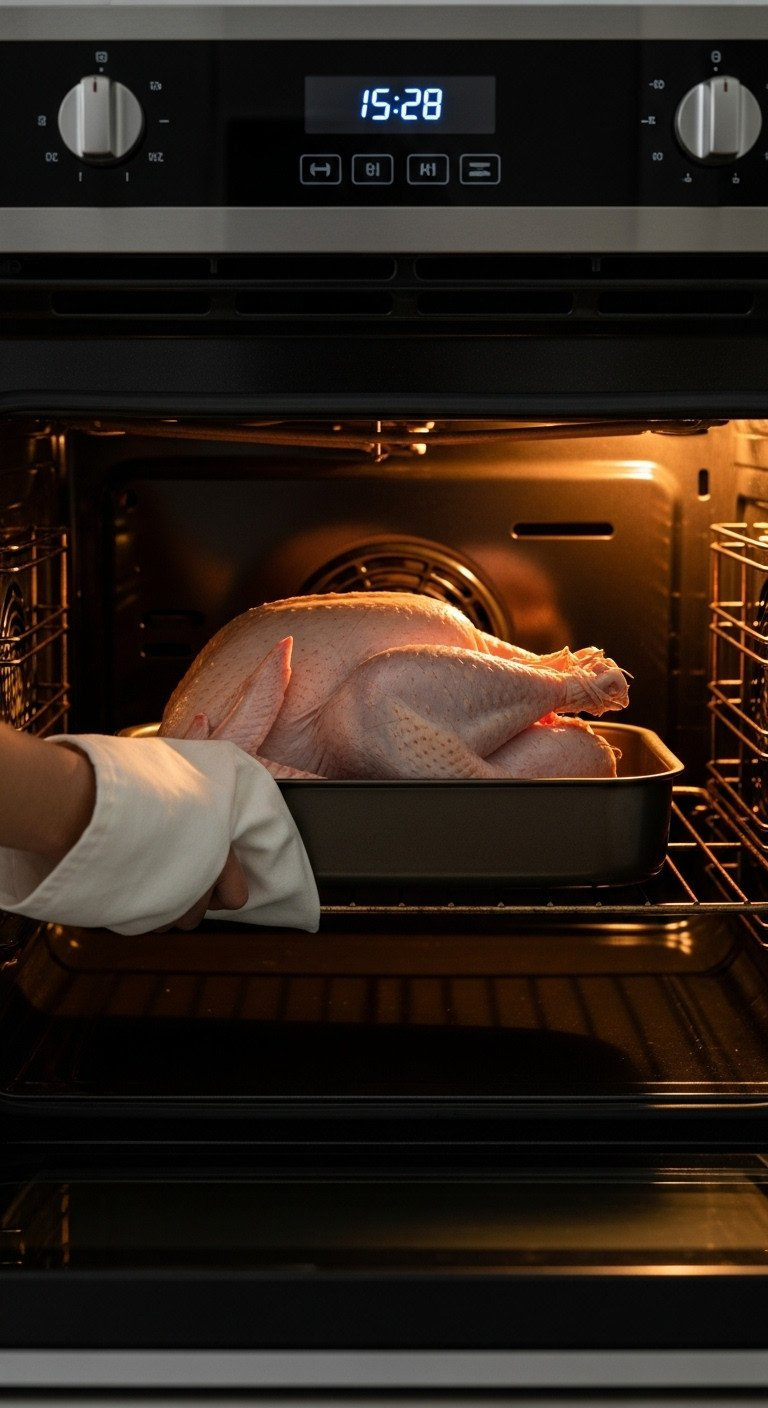 A Prepped Raw Turkey In A Roasting Pan Is Carefully Placed Into A Hot, Preheated Oven With A Visible Warm Orange Glow.