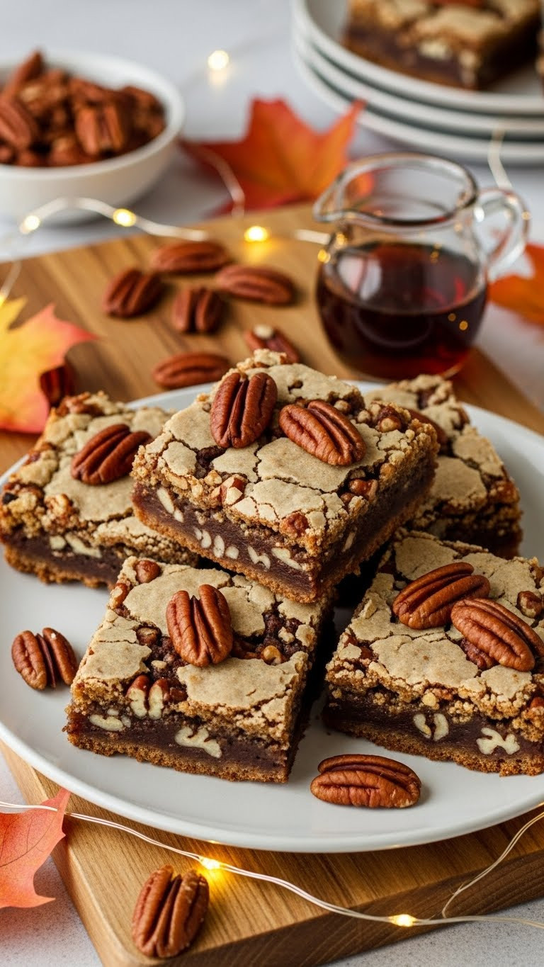 A Professional Appetizing Chewy Maple Pecan Blondie On A Wooden Board