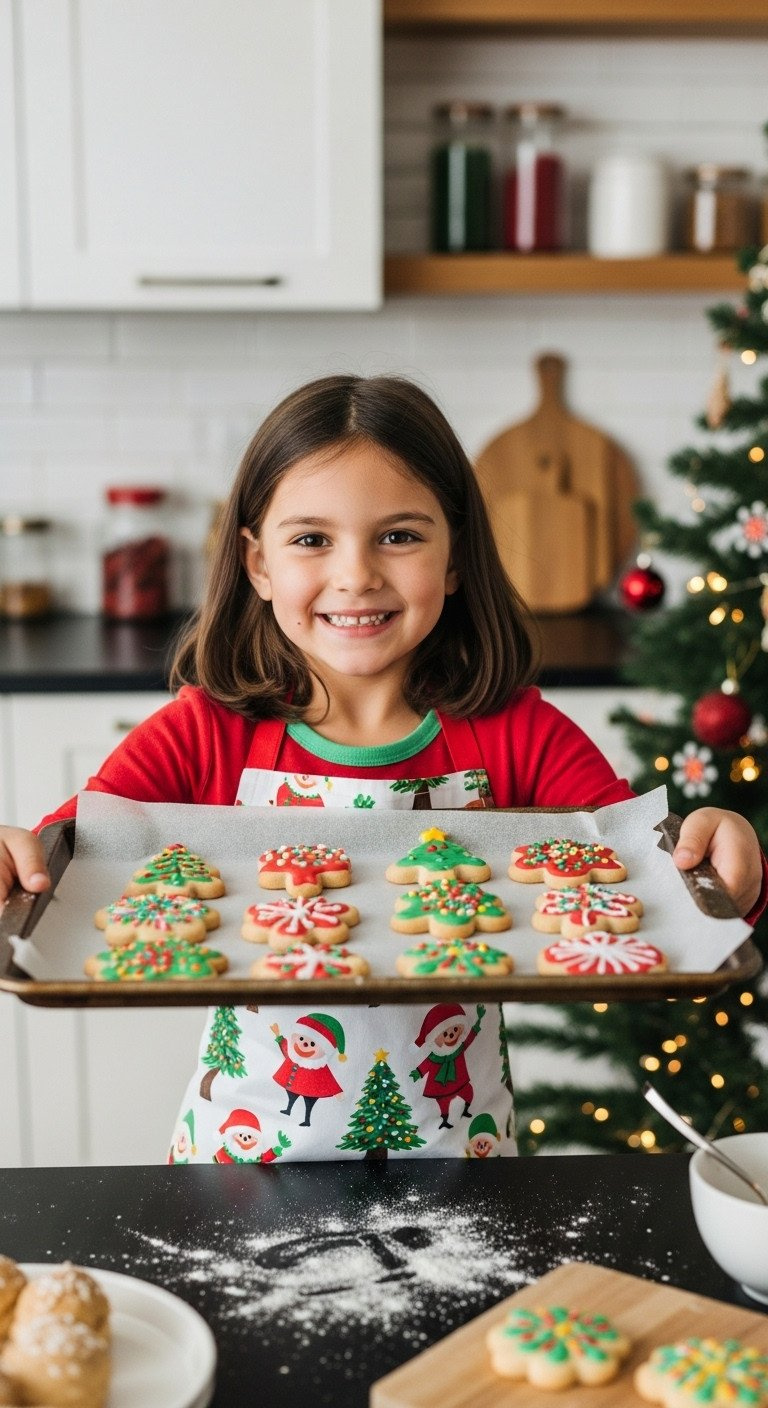 A Proud Child In A Festive Apron Smiles, Holding A Baking Sheet Filled With Their Freshly Decorated Christmas Cookies.