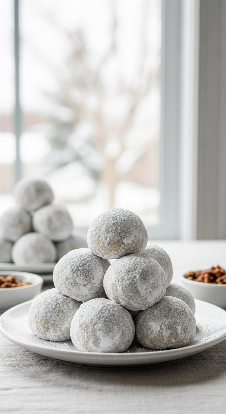A Pyramid Stack Of Delicate Round Snowball Cookies, Generously Coated In Powdered Sugar, Sitting On A Simple White Plate.