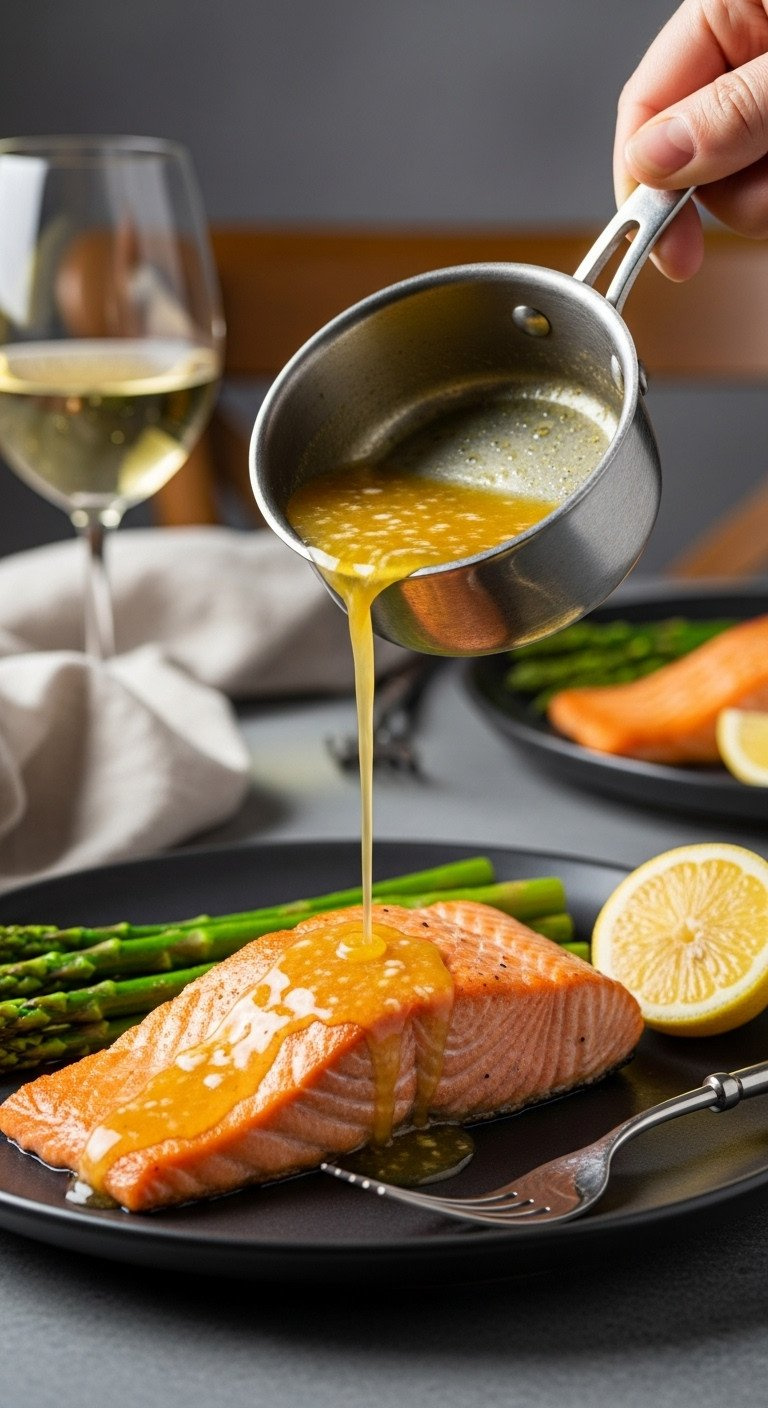 A Rich Lemon-Butter Sauce Being Drizzled From A Saucepan Over A Cooked Salmon Fillet Plated With Fresh Asparagus.