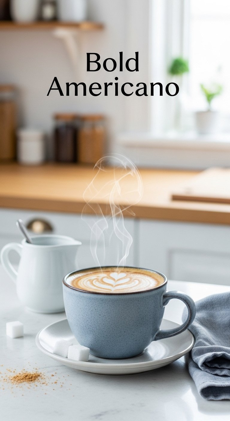 A Robust Americano With Crema Resting In A Classic Ceramic Mug On A Bright Kitchen Shelf.