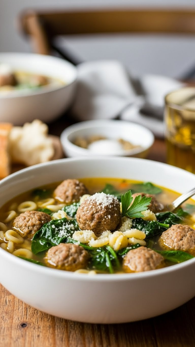 A Rustic Bowl Of Instant Pot Italian Wedding Soup With Meatballs, Pasta, Spinach, Parmesan, And Parsley On A Wooden Table.