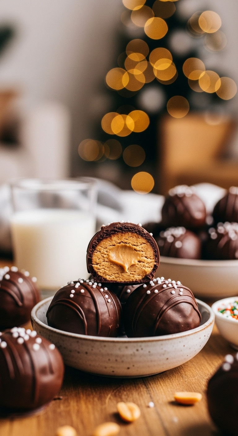 A Rustic Bowl Of Chocolate Peanut Butter Balls, With One Sliced In Half To Reveal The Creamy Peanut Butter Filling Inside.