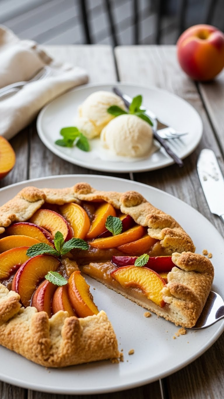 A Rustic Golden-Brown Peach Galette With Bubbling Caramelized Peaches, A Removed Slice, And Melting Vanilla Ice Cream On A Wooden Table.