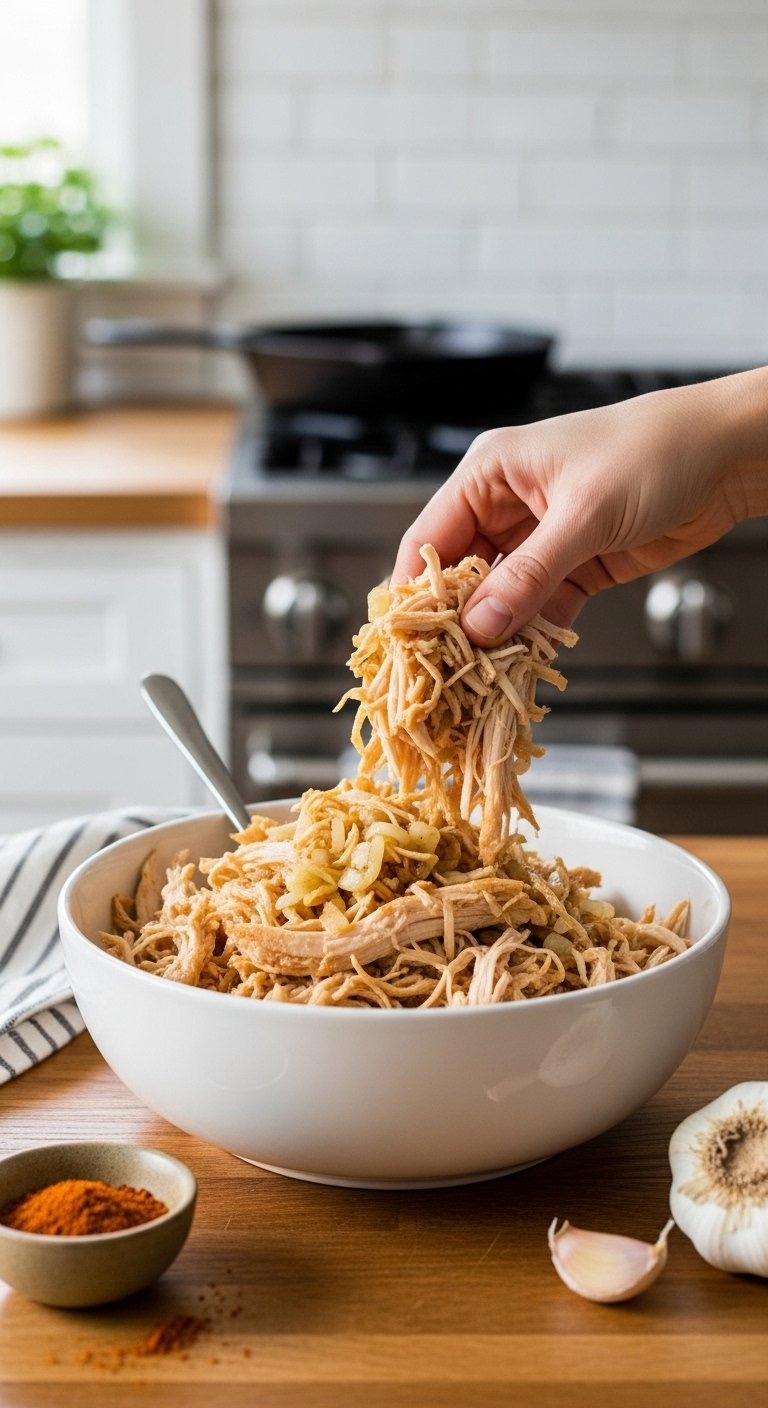 A Rustic Wooden Bowl Holds Shredded Chicken Mixed With Sautéed Onions And Spices On A Kitchen Counter.