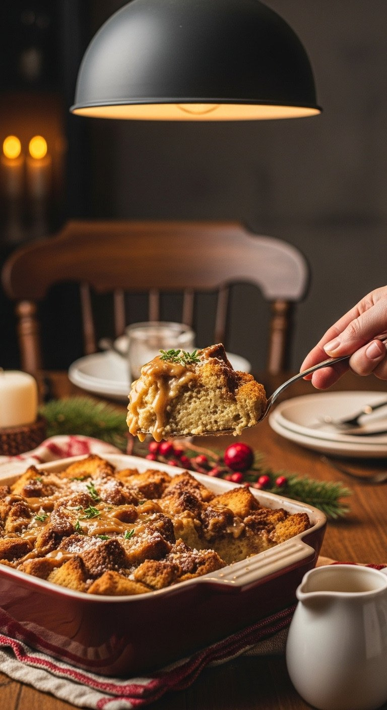 A Scoop Of Warm, Custardy Eggnog Bread Pudding With Caramel Sauce, A Comforting And Rustic Holiday Dessert Recipe.