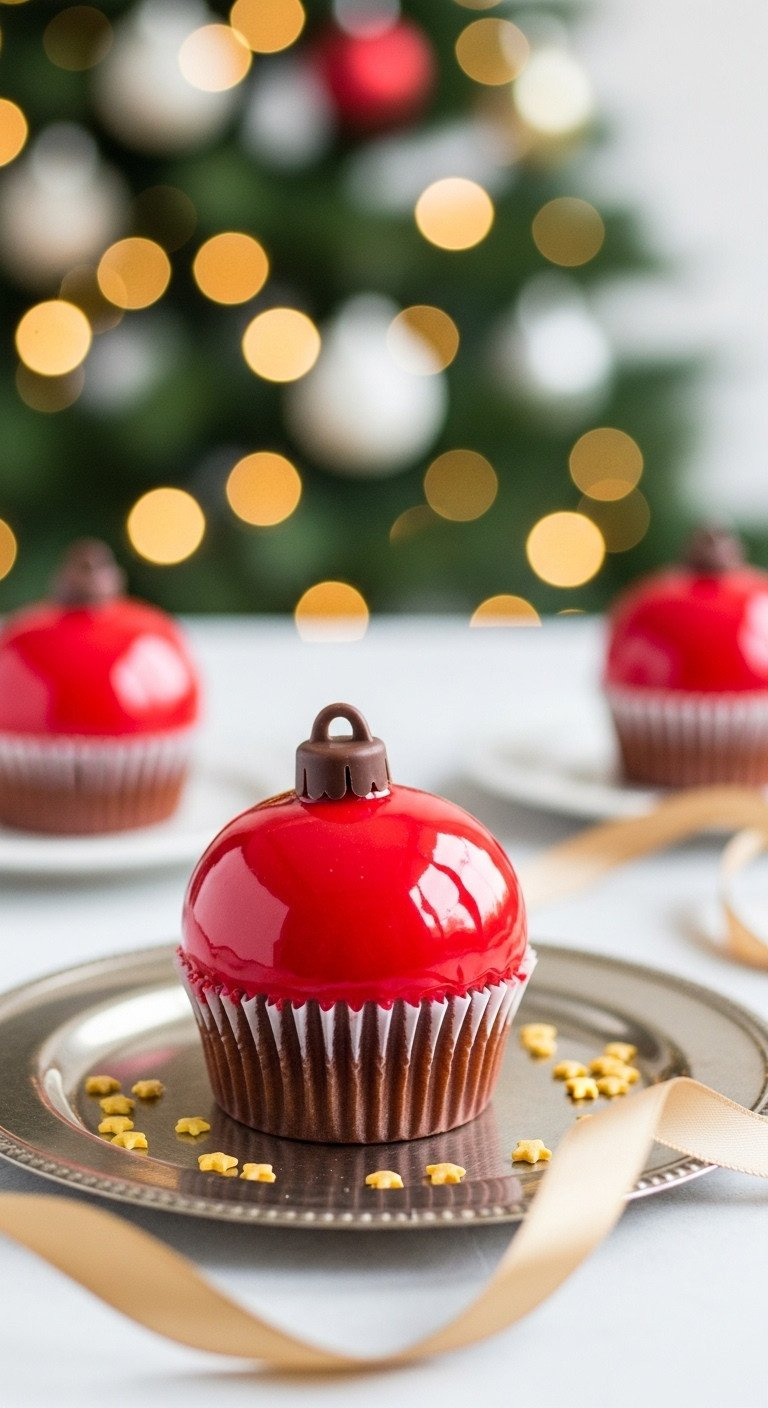 A Shimmering Christmas Ornament Cupcake With A Shiny Red Glaze And Chocolate Cap On A Platter Before A Tree.