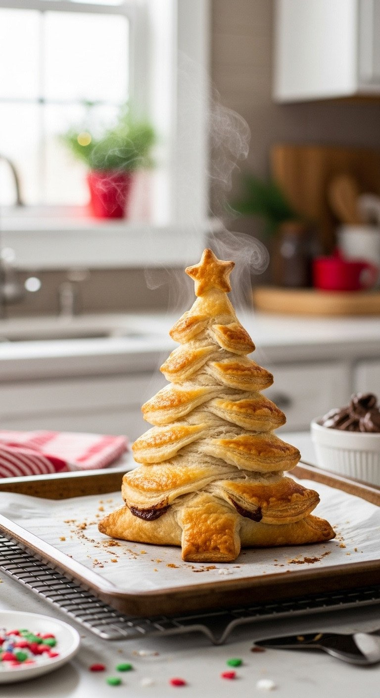 A Silicone Pastry Brush Glazes An Unbaked Nutella Christmas Tree Pastry With Golden Egg Wash On A Baking Sheet Before Baking.