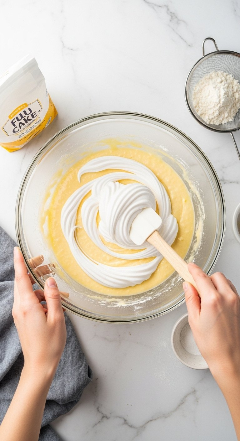 A Silicone Spatula Folds White Meringue Into Pale Yellow Cheesecake Batter In A Glass Bowl On White Marble.