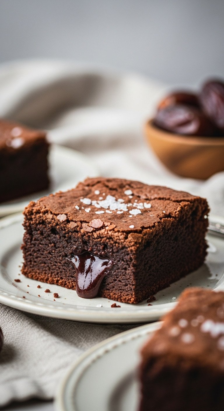 A Single Fudgy Brownie With A Crinkly Top And Flaky Sea Salt, Presented On A Vintage Plate With A Linen Tablecloth.