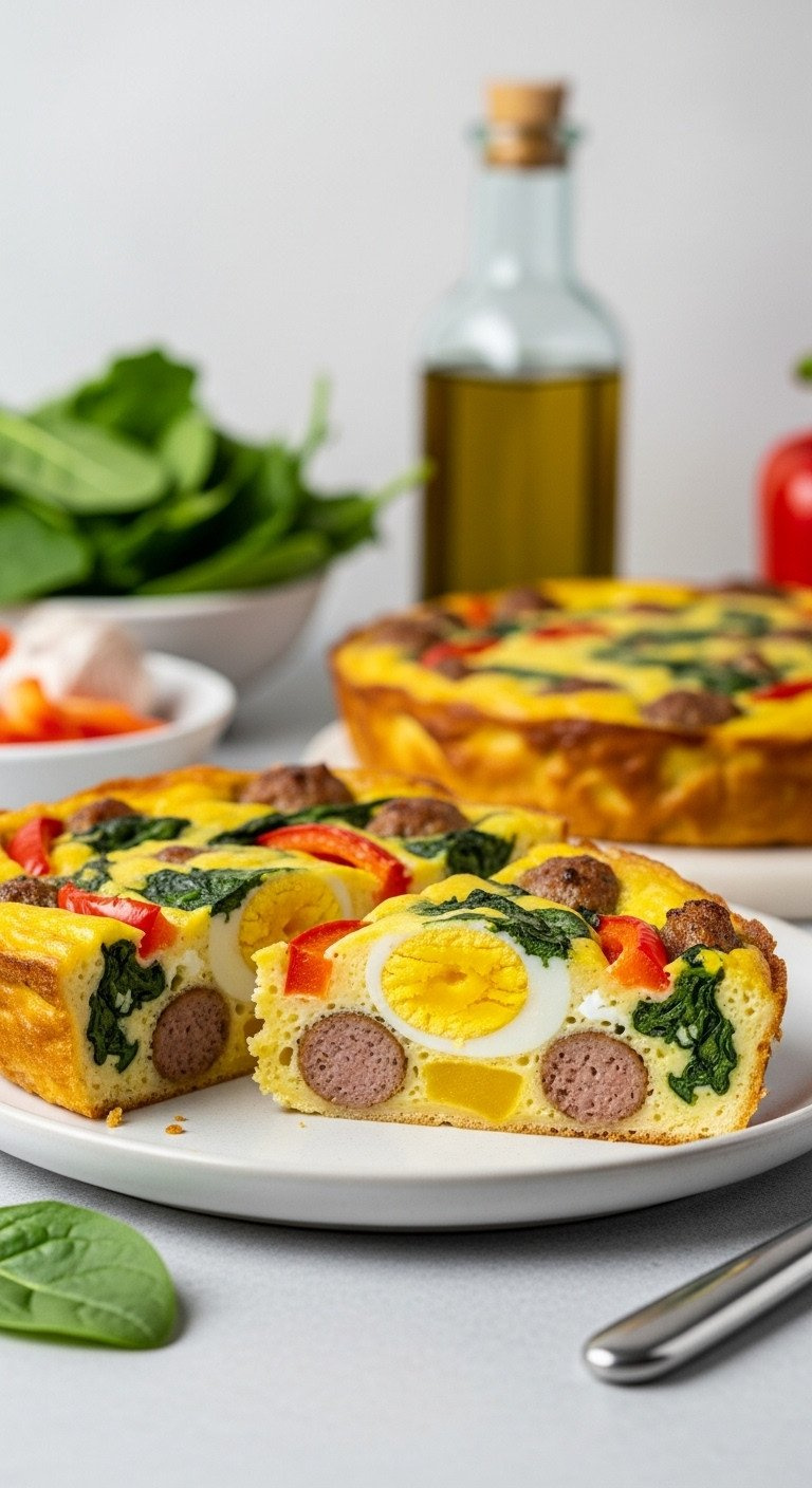 A Slice Of A Healthy, Gluten-Free Savory Breakfast Bake With Sausage, Bell Peppers, Spinach, And Eggs On A Plate.
