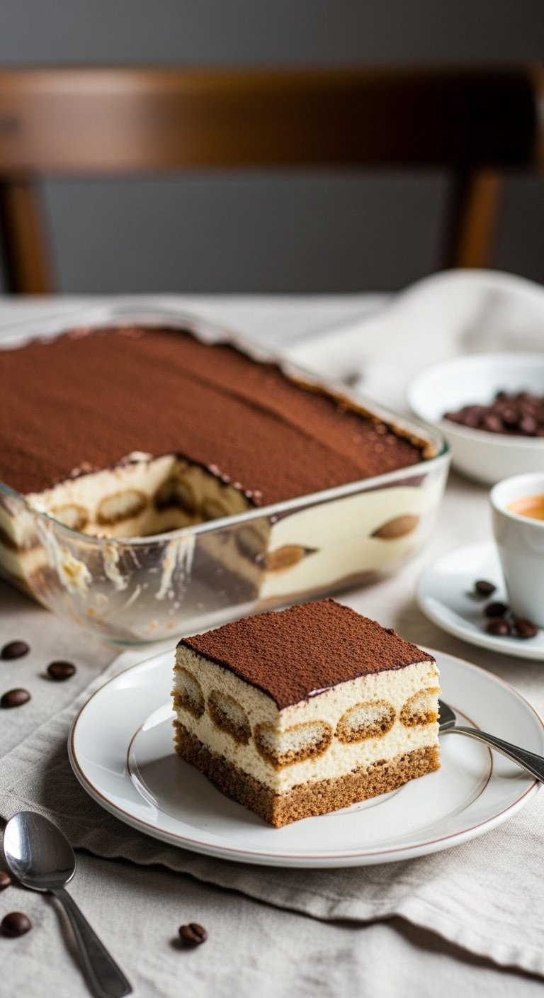 A Slice Of Classic Layered Tiramisu On A Plate, With Coffee-Soaked Ladyfingers And Mascarpone Cream, Dusted With Cocoa.