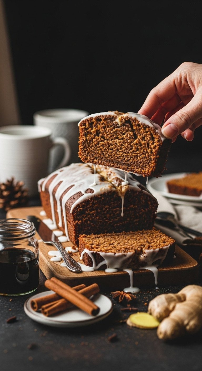 A Slice Of Moist Gingerbread Loaf Cake With White Glaze Is Lifted From The Loaf, Which Sits On A Rustic Wooden Board.