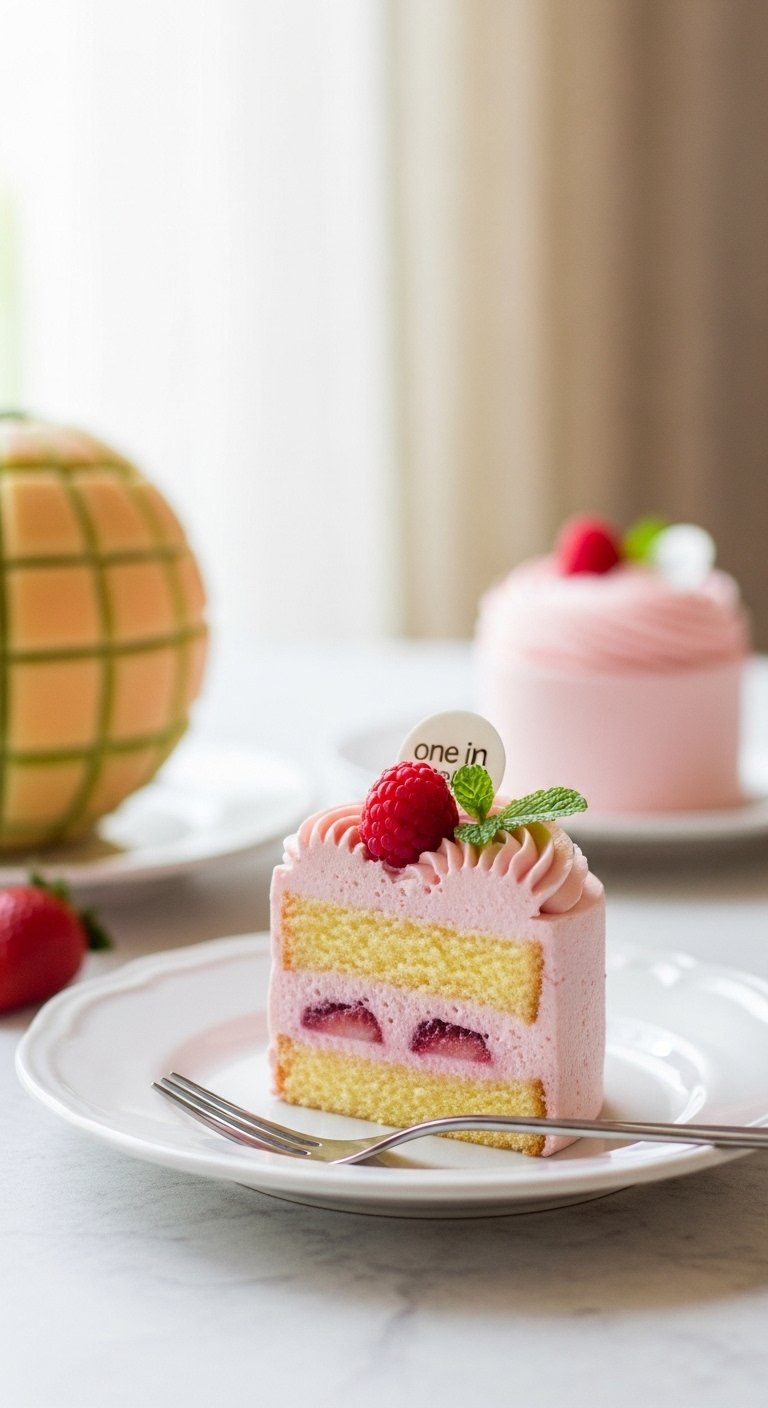 A Slice Of Moist Watermelon Cake On A White Plate Garnished With Mint And A Fork.