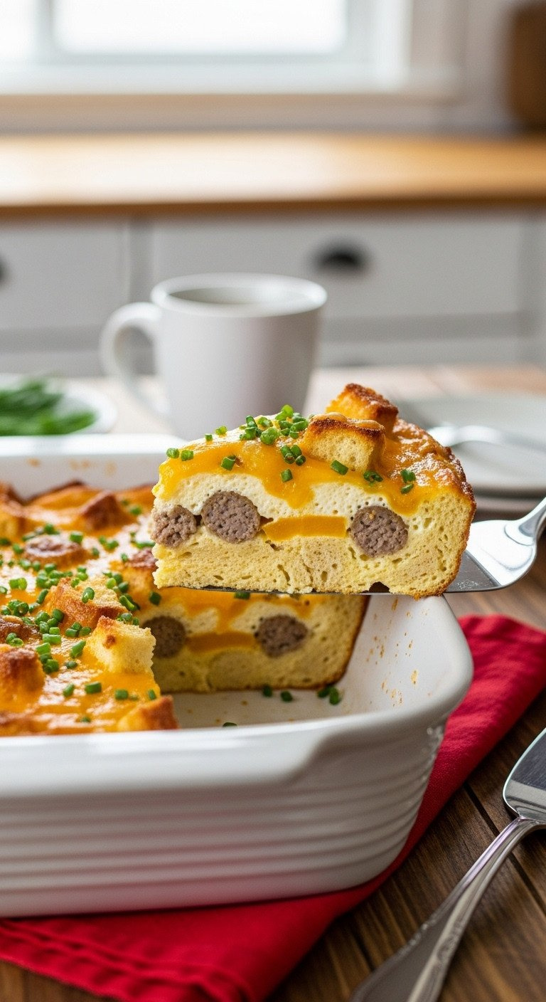 A Slice Of Sausage And Egg Breakfast Casserole On A Spatula, Revealing Layers Of Fluffy Egg And Melted Cheddar Cheese.