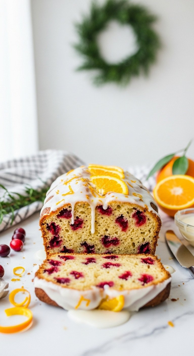 A Sliced Cranberry Orange Loaf On A Marble Counter, With A Thick Orange Glaze Dripping Down The Side Showing A Moist Crumb.