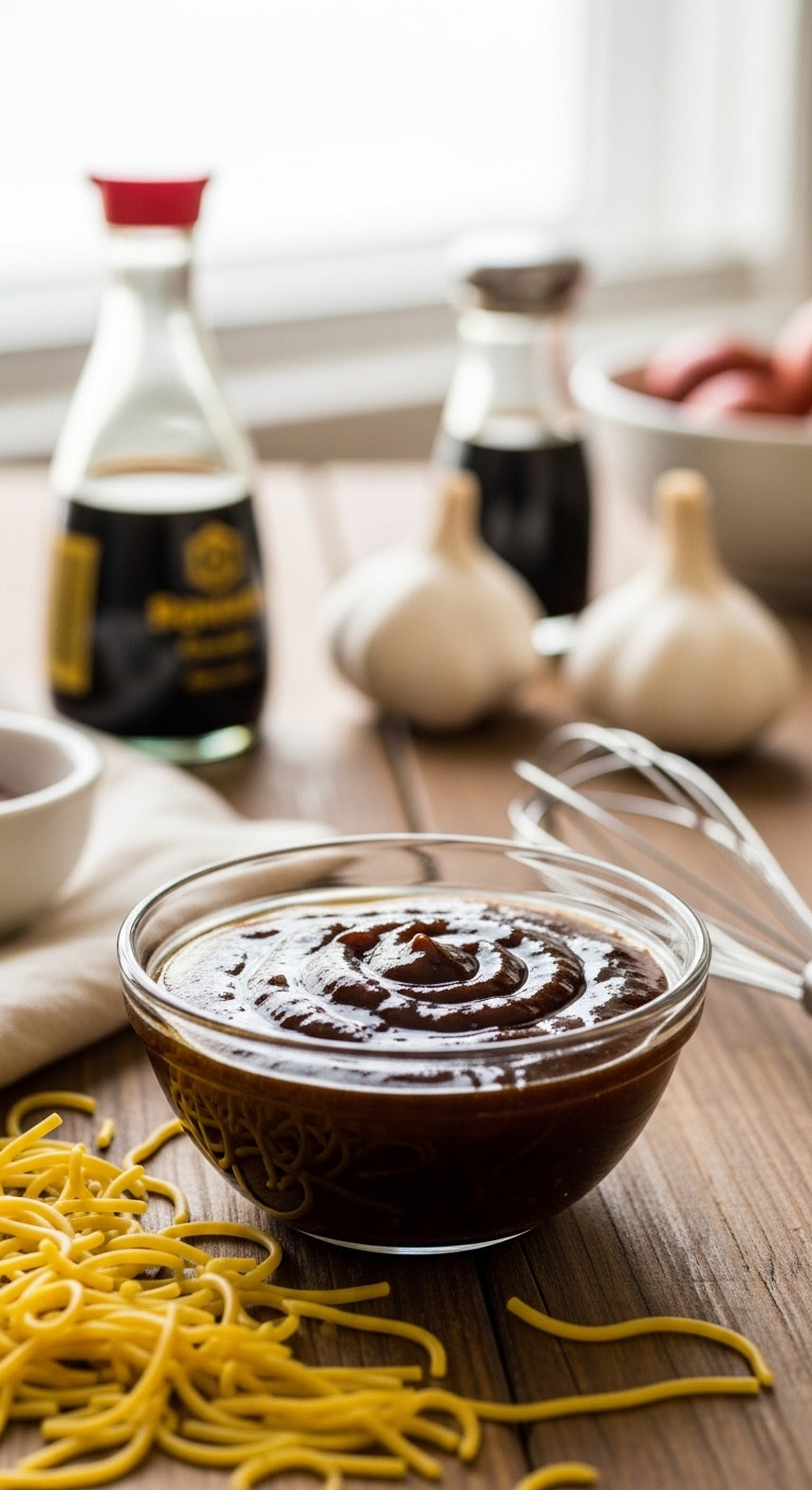 A Small Glass Bowl Of Glossy, Thick Dark Brown Chow Mein Sauce With A Whisk On A Rustic Wooden Table, Ready For Cooking.