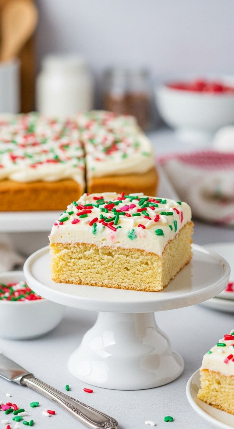 A Soft-Baked Sugar Cookie Bar With Creamy Buttercream Frosting And Colorful Christmas Sprinkles On A White Pedestal Stand.