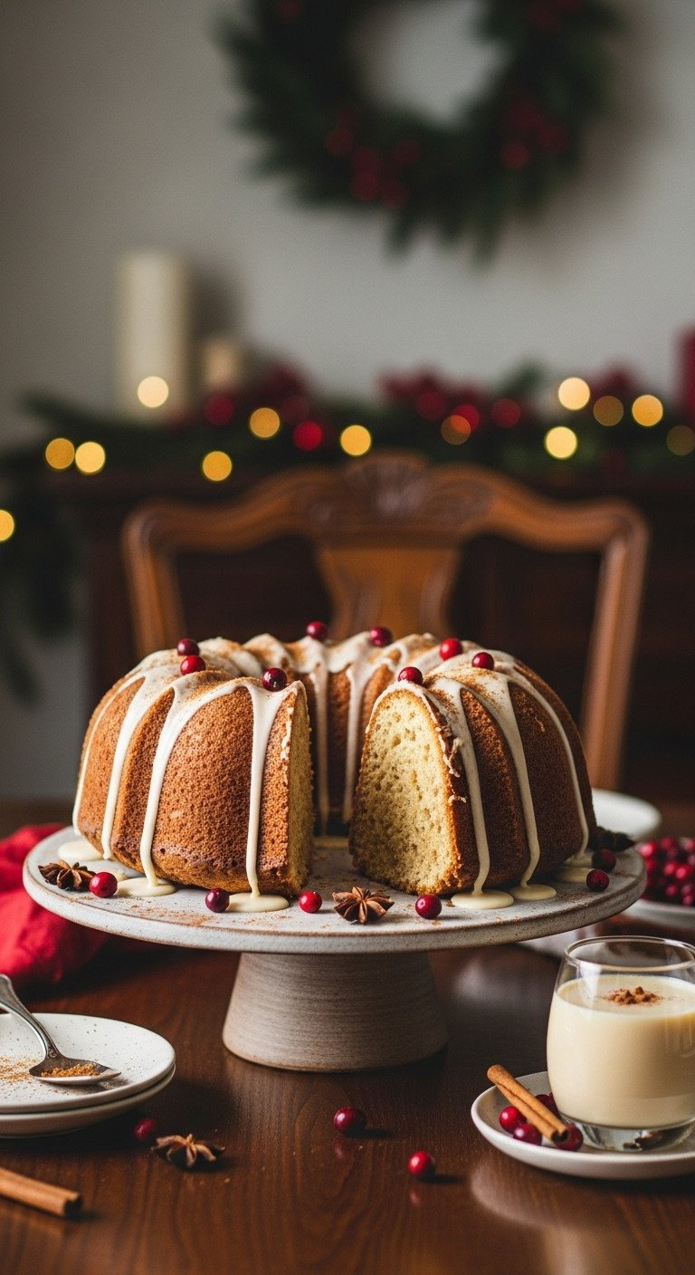 A Spiced Eggnog Bundt Cake With Thick Rum Glaze Dripping Down Its Sides, Presented On A Ceramic Stand For A Festive Recipe.