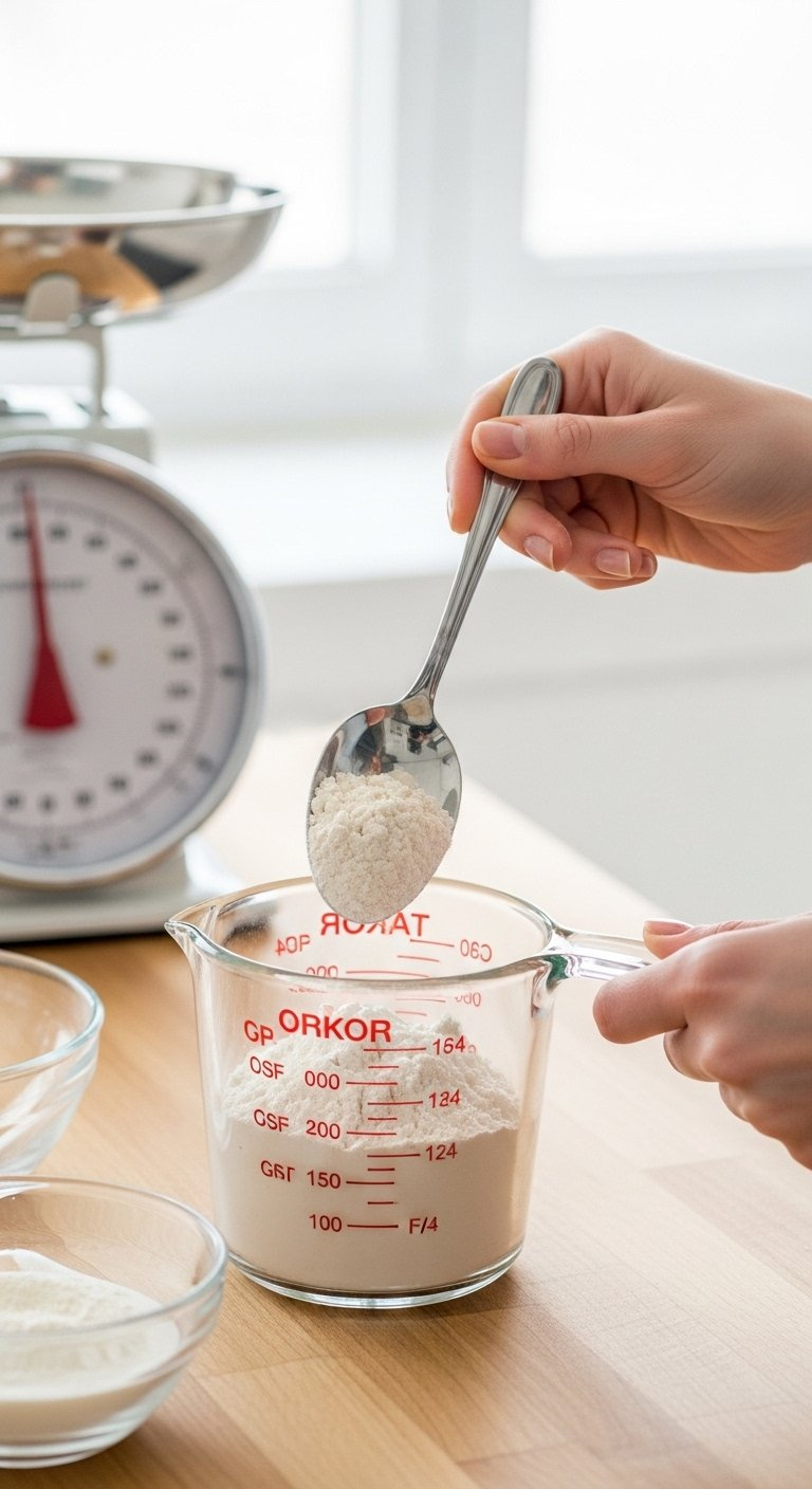A Spoon Scoops Flour Into A Measuring Cup With A Kitchen Scale Visible In The Soft Background.