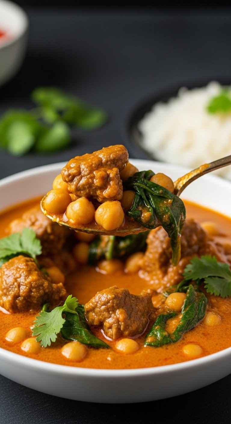 A Spoonful Of Rich Lamb And Chickpea Curry With Spinach In A Vibrant Orange Sauce Served Over Basmati Rice.