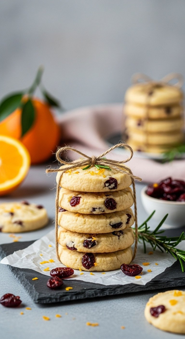A Stack Of Buttery Cranberry Orange Shortbread Cookies Studded With Dried Cranberries And Orange Zest, Tied With Twine.