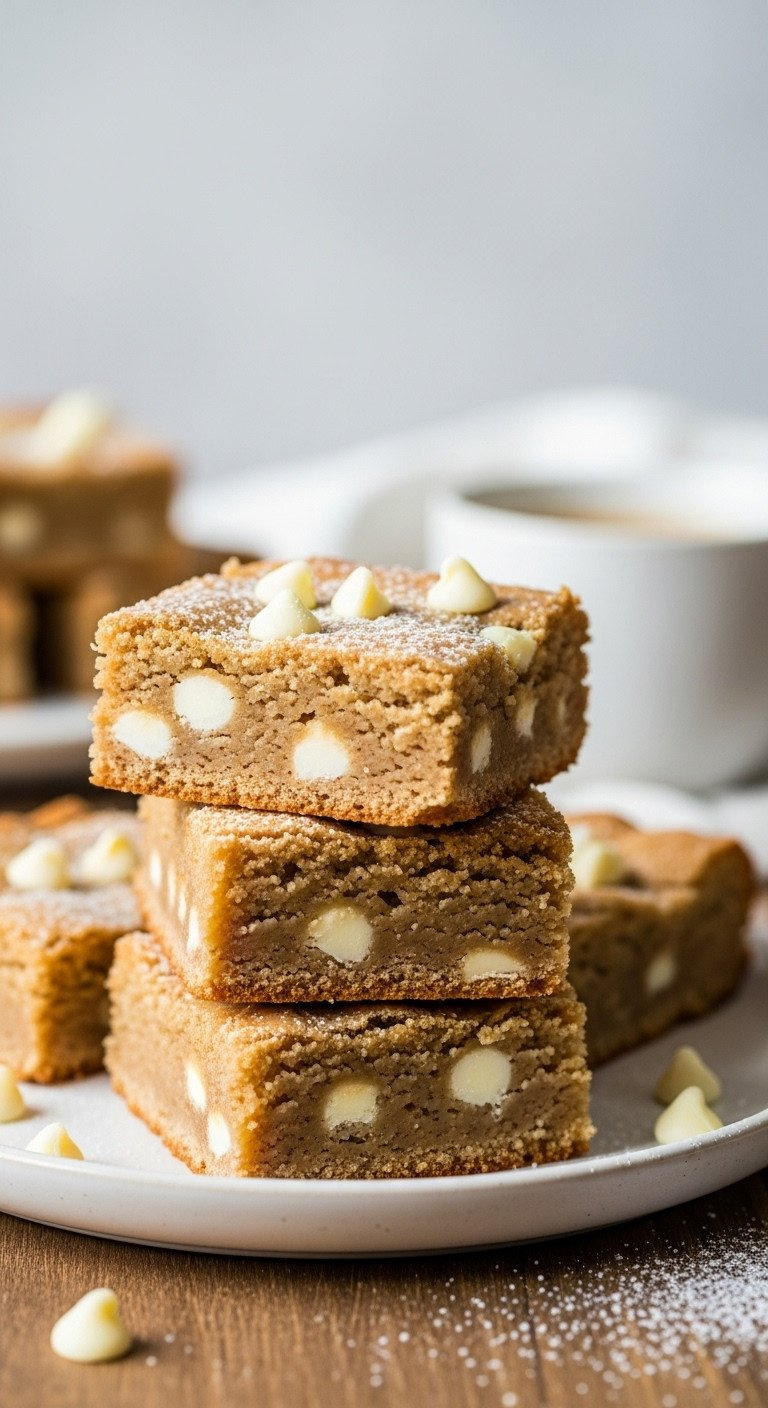 A Stack Of Chewy And Fudgy Eggnog Blondies With White Chocolate Chips, An Easy Christmas Dessert Bar Recipe For The Holidays.